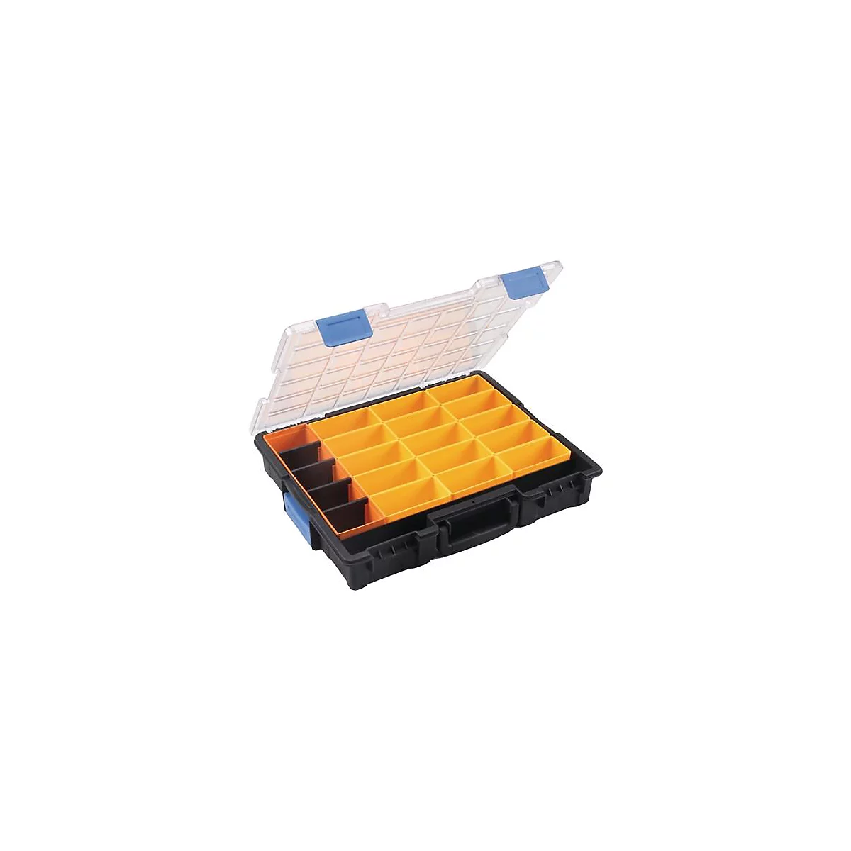 Boîte à outils ouverte avec compartiments orange et noirs, couvercle transparent et fermetures bleues.