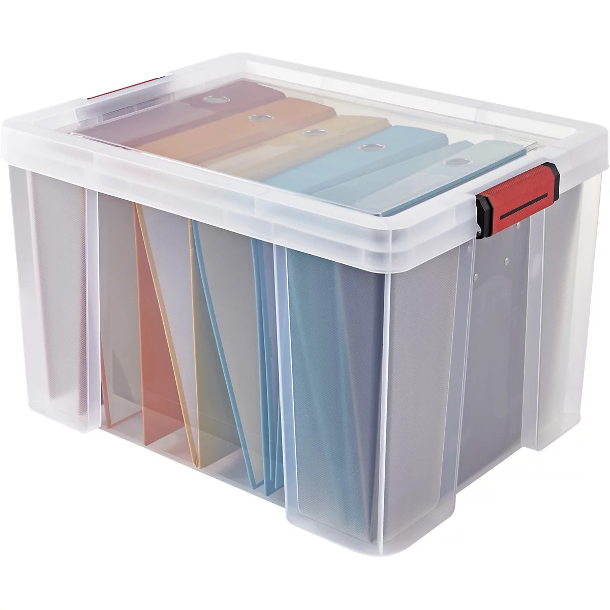 Boîte de rangement transparente en plastique remplie de dossiers colorés, sur fond blanc.