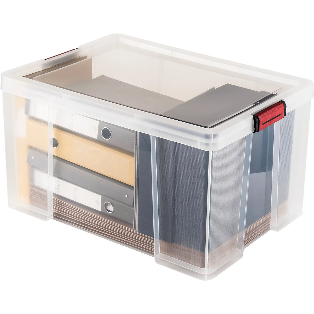 Boîte de rangement transparente en plastique avec couvercle, remplie de classeurs et de documents.