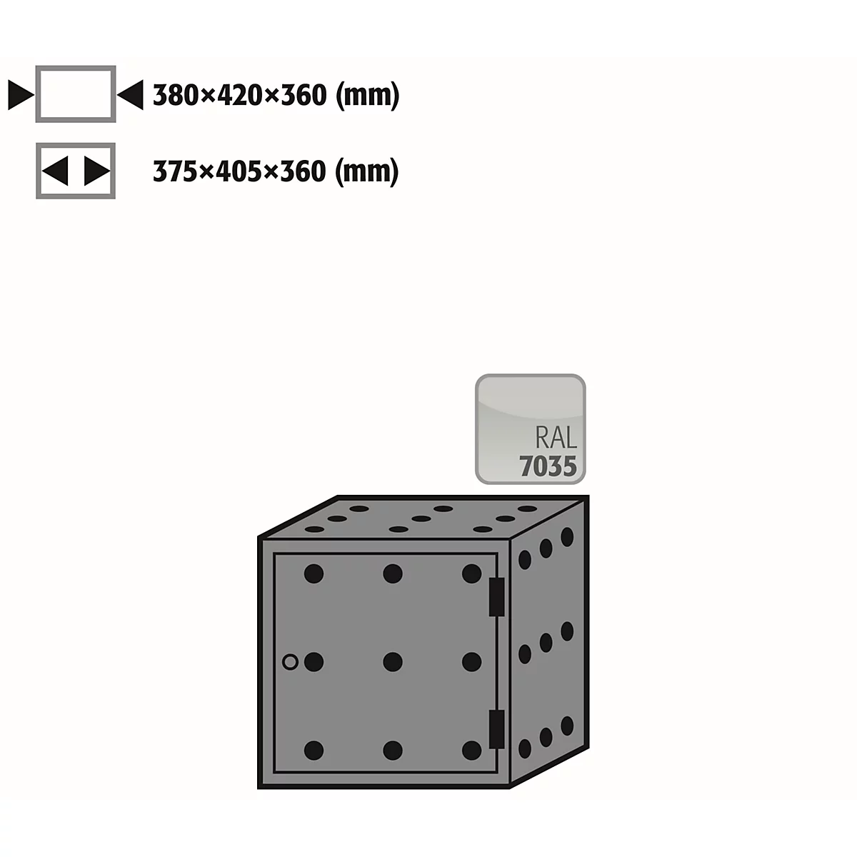 Boîte de rangement pour les armoires de sécurité asecos des séries Q30, Q90 et S90, en tôle d'acier, gris clair, L 380 x P 420 x H 360 mm, charnière de porte à droite
