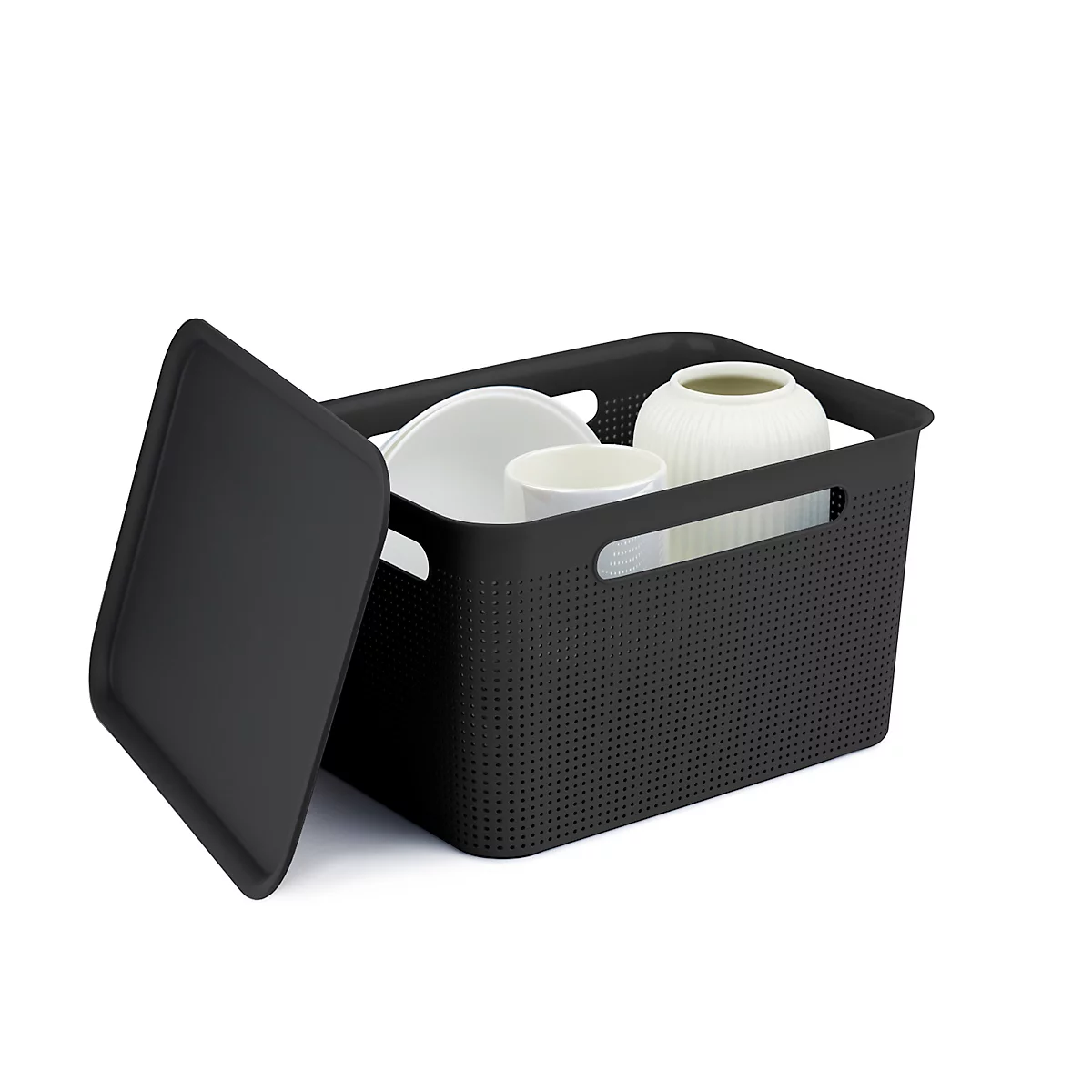 Boîte de rangement Rotho BRISEN, volume 16 l, structure perforée, empilable, sans couvercle, L 360 x l 262 x H 211 mm, PP recyclé, anthracite