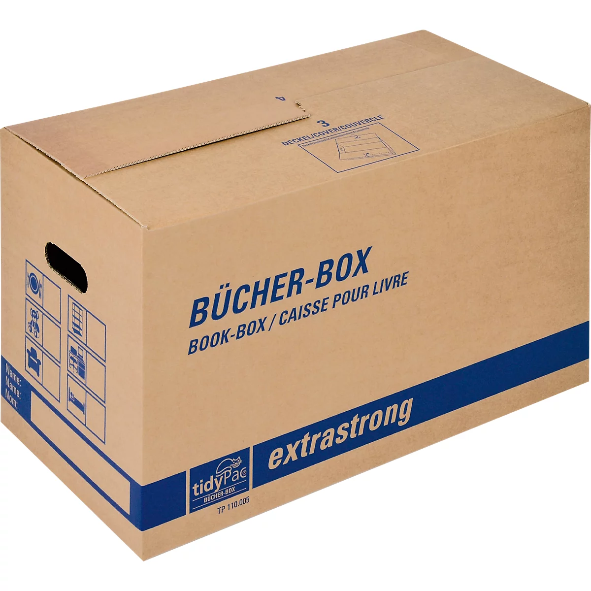 Boîte de transport Boîte à livres, particulièrement stable, poignées renforcées, double fond, champs d'inscription, L 580 x P 300 x H 340 mm, carton ondulé, brun