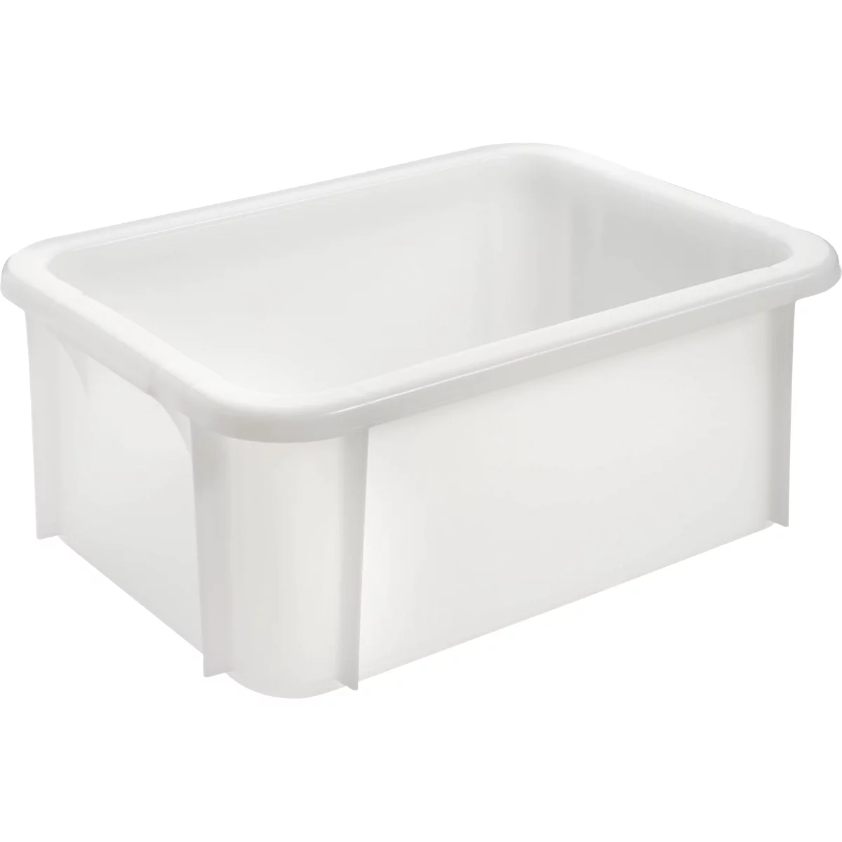 Boîte rectangulaire en plastique blanc aux bords arrondis.
