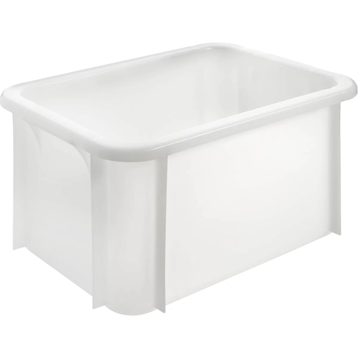 Boîte en plastique blanche et rectangulaire avec des bords arrondis.