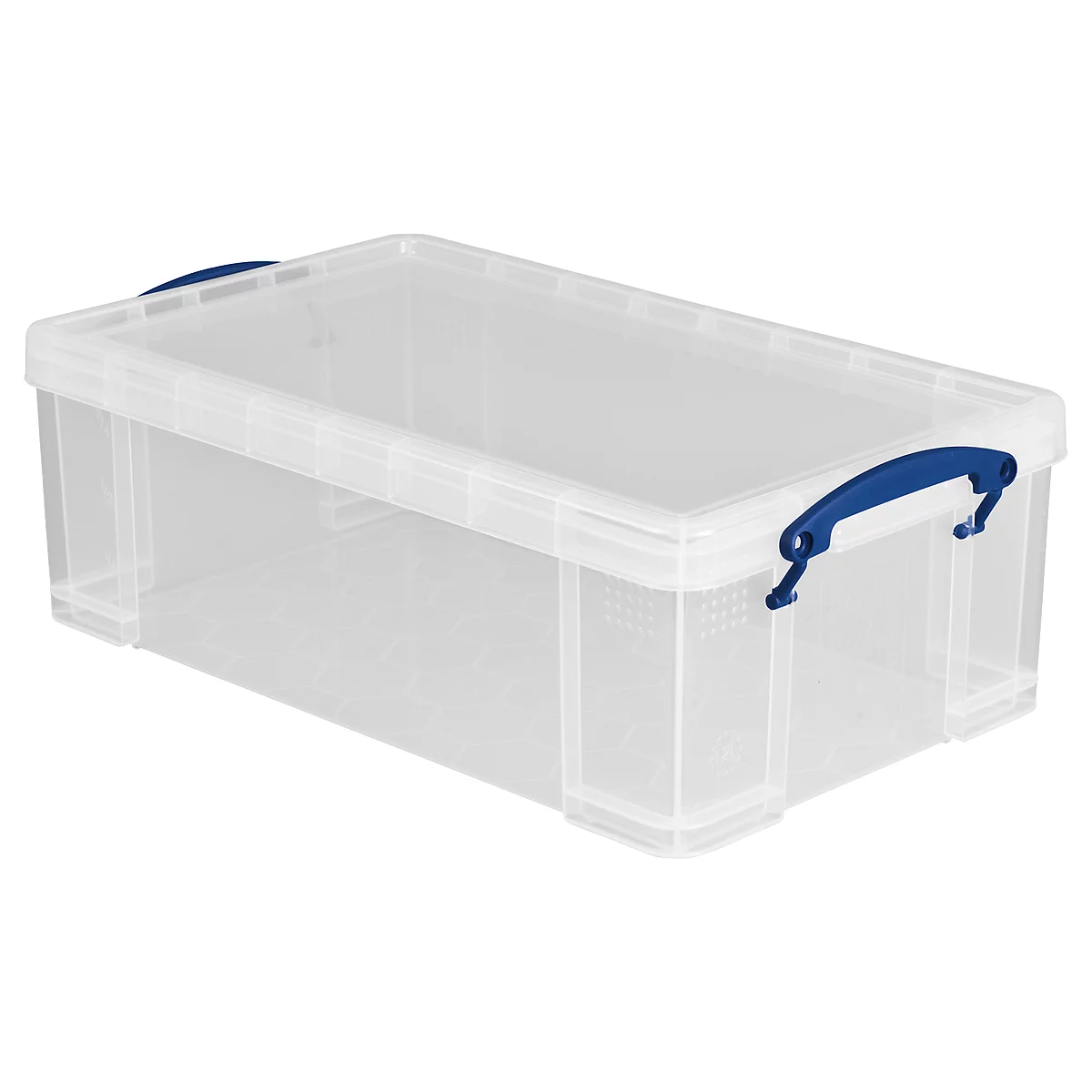 Boîte de rangement transparente avec poignée bleue, rectangulaire, sans contenu.