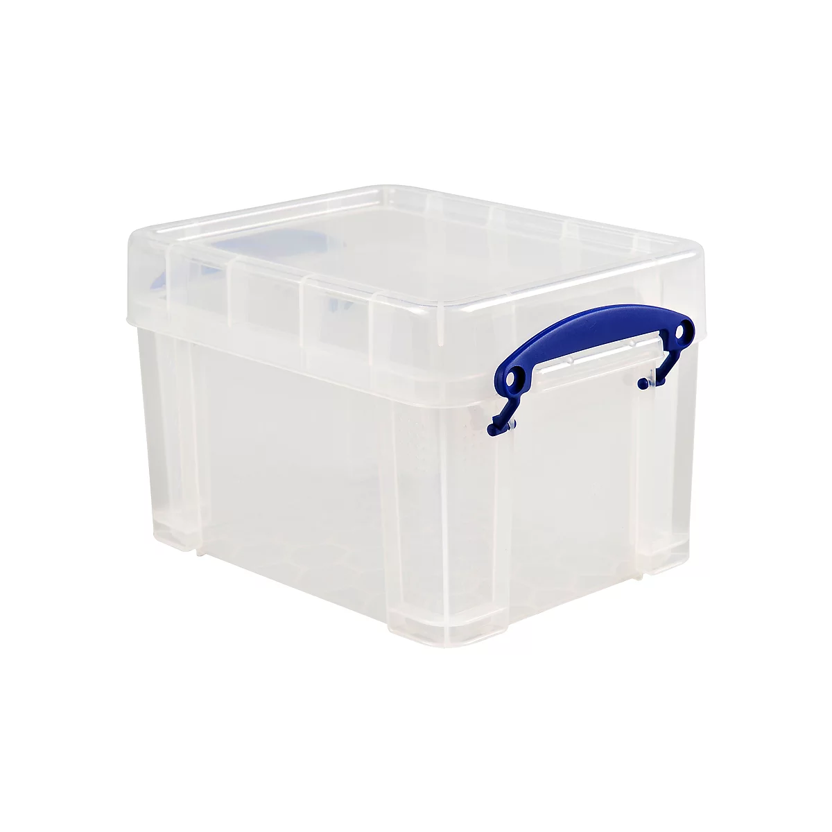 Boîte en plastique transparente avec poignée bleue. Le couvercle se ferme à ras. La boîte est posée sur une surface blanche.