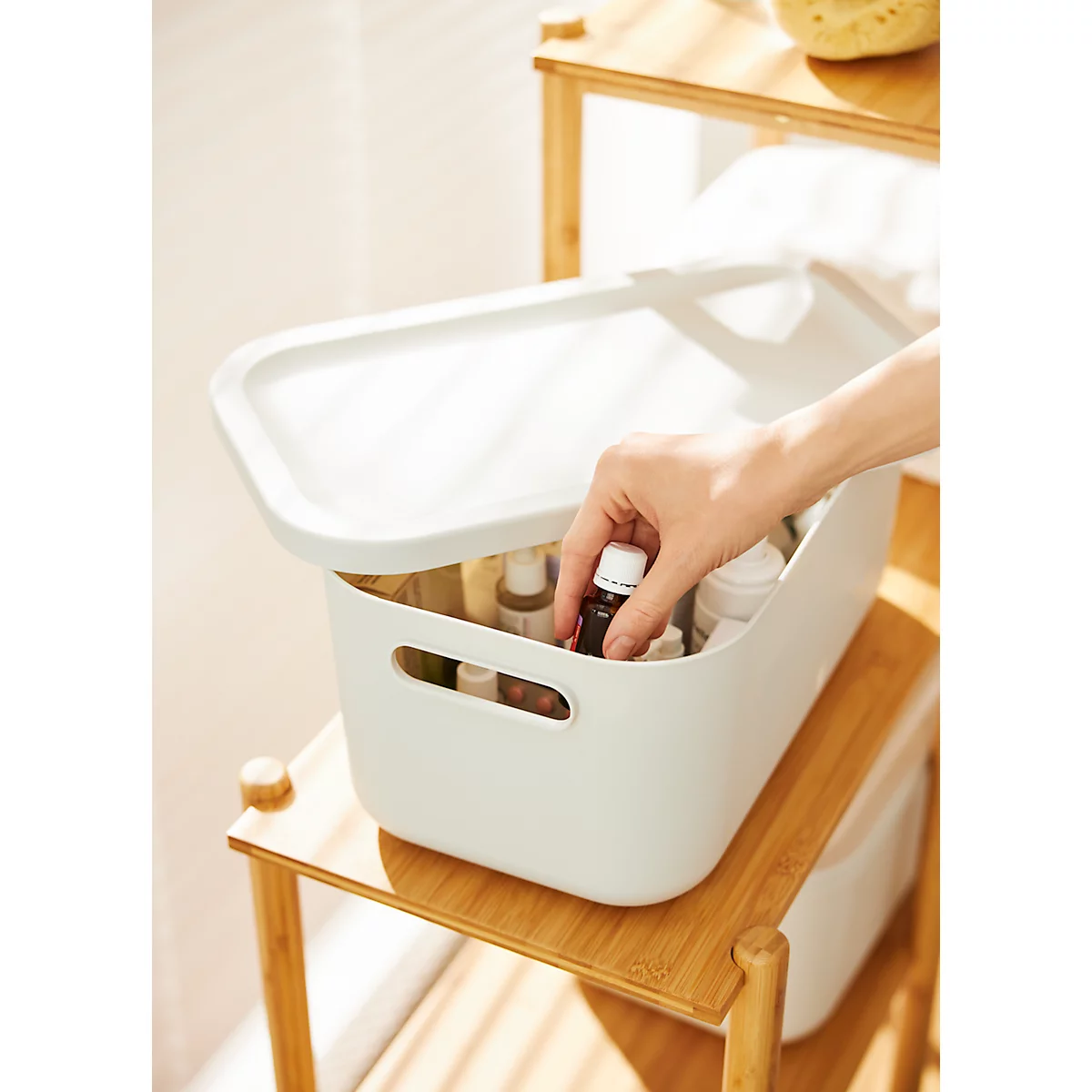 Boîte de transport Rotho Albula, volume 12 l, empilable, avec couvercle amovible et trous de préhension, L 395 x l 235 x H 177 mm, plastique recyclé, blanc