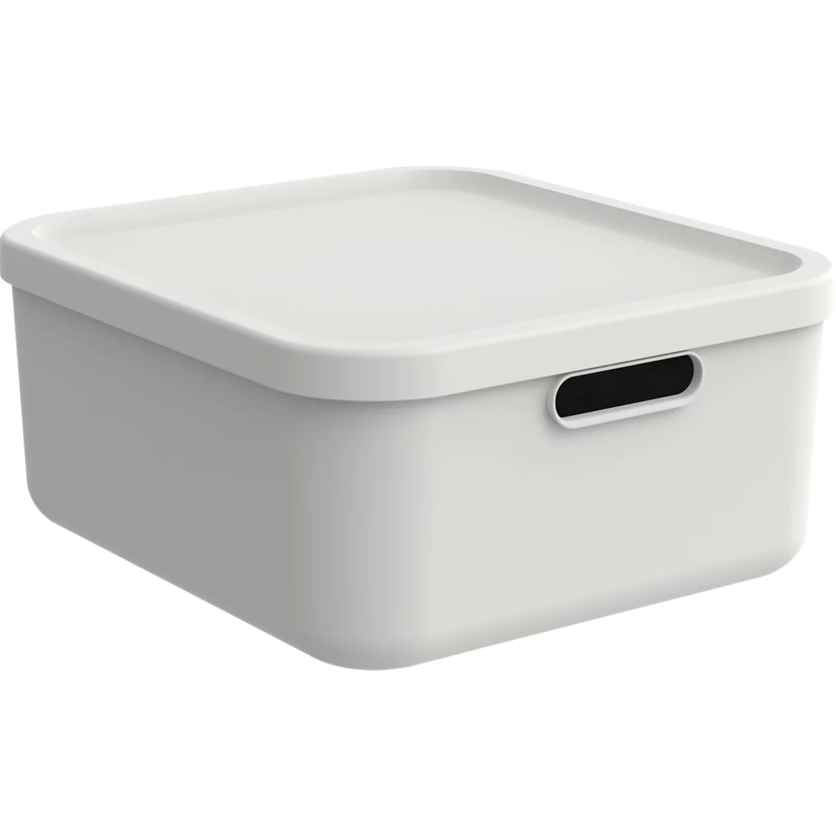 Boîte de rangement blanche avec couvercle, avec poignée, sur fond neutre.