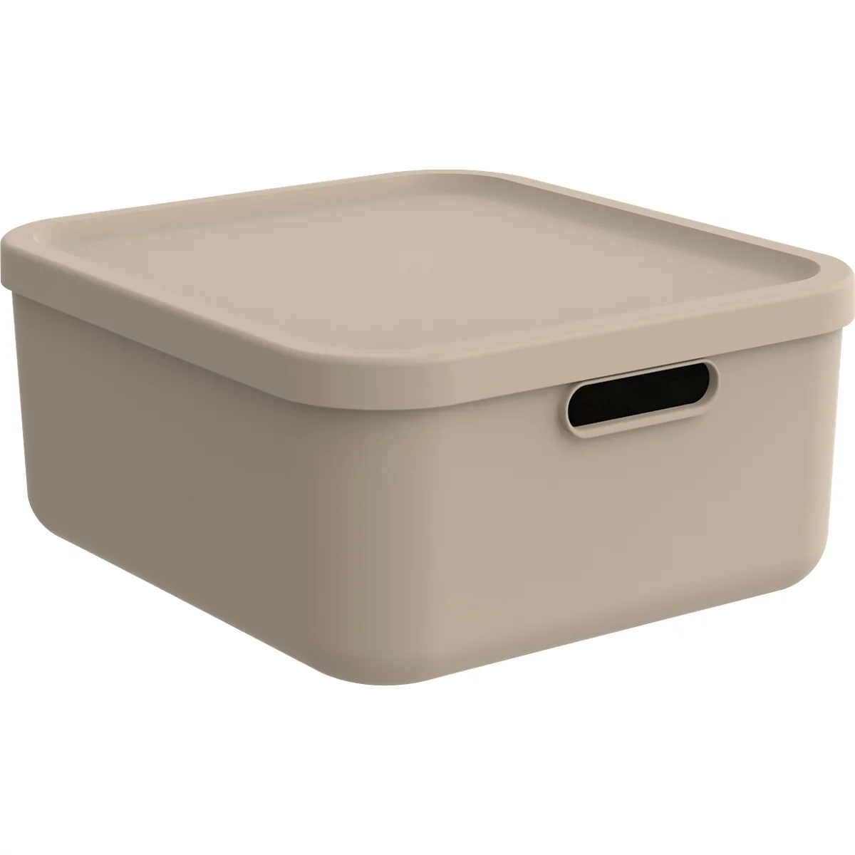 Boîte de rangement carrée beige avec couvercle et poignée. Montrée sur une surface neutre.