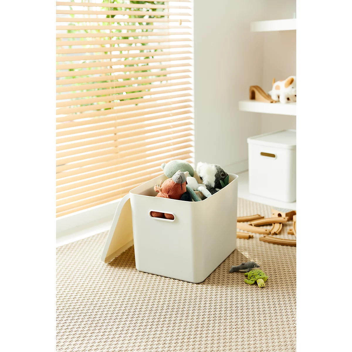 Boîte de transport Rotho Albula, volume 27 l, empilable, avec couvercle amovible et trous de préhension, L 370 x l 290 x H 295 mm, plastique recyclé, blanc