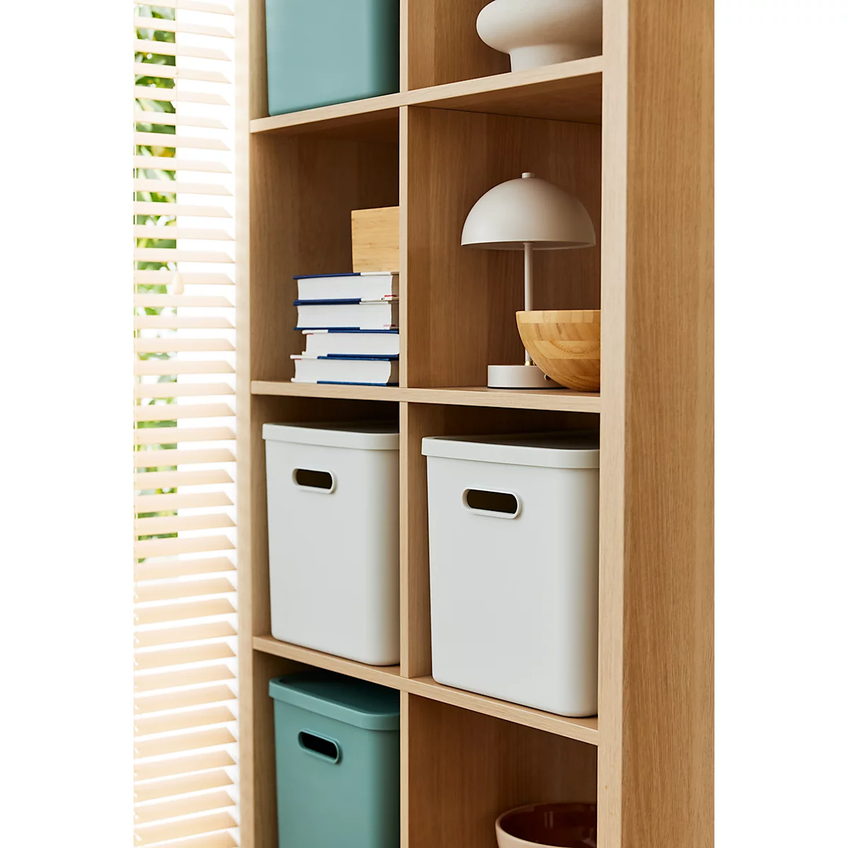 Boîte de transport Rotho Albula, volume 27 l, empilable, avec couvercle amovible et trous de préhension, L 370 x l 290 x H 295 mm, plastique recyclé, blanc