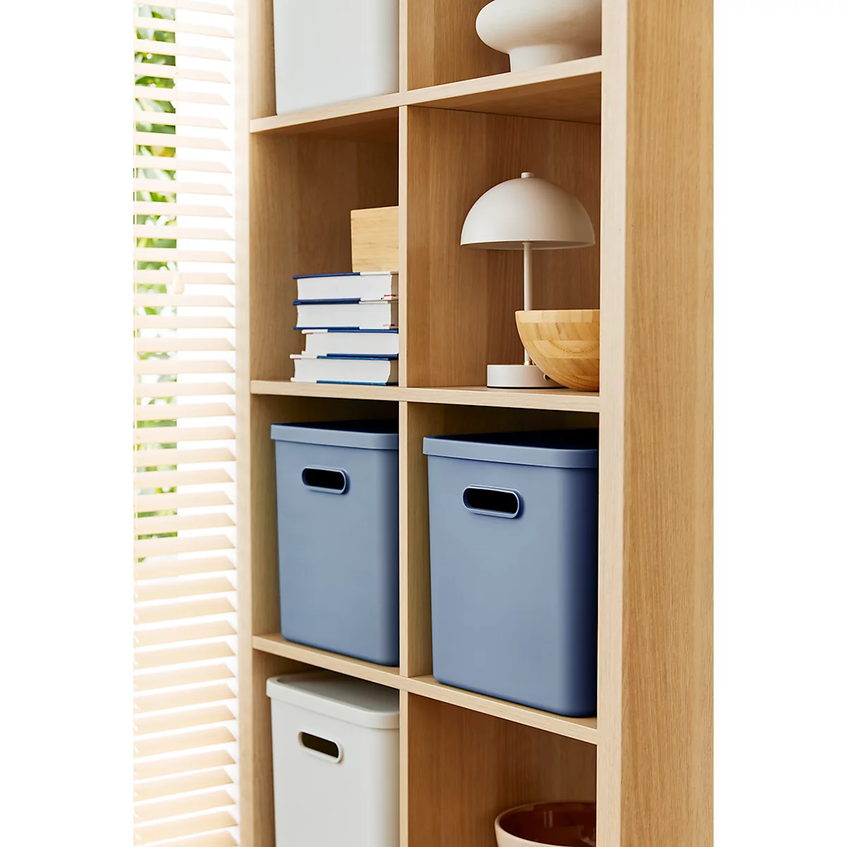 Boîte de transport Rotho Albula, volume 27 l, empilable, avec couvercle amovible et trous de préhension, L 370 x l 290 x H 295 mm, plastique recyclé, bleu
