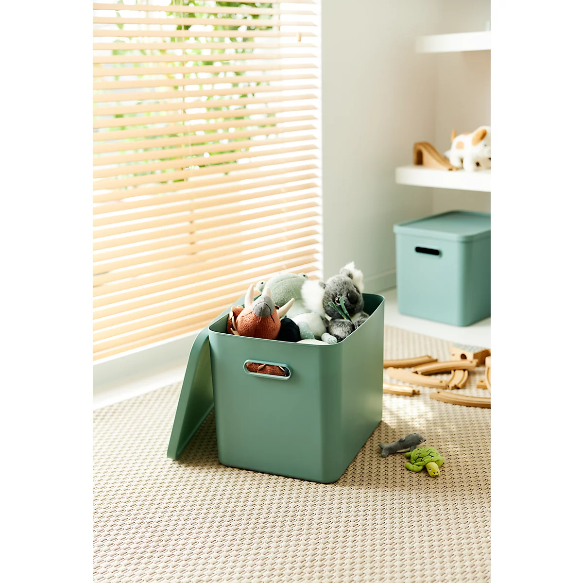 Boîte de transport Rotho Albula, volume 27 l, empilable, avec couvercle amovible et trous de préhension, L 370 x l 290 x H 295 mm, plastique recyclé, vert