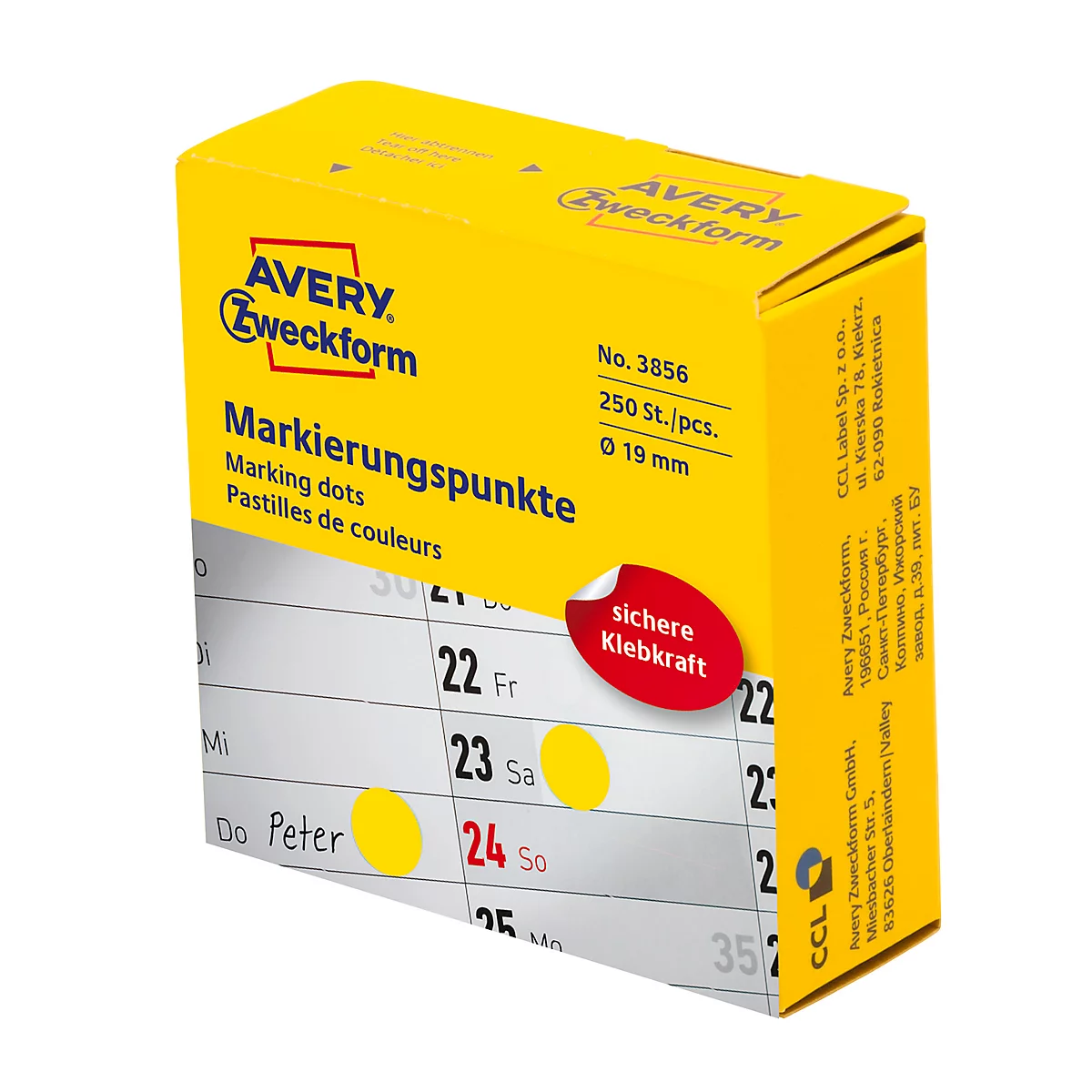 Boîte distributrice pour points de marquage Avery Zweckform, adhésif permanent, diamètre 19 mm, jaune
