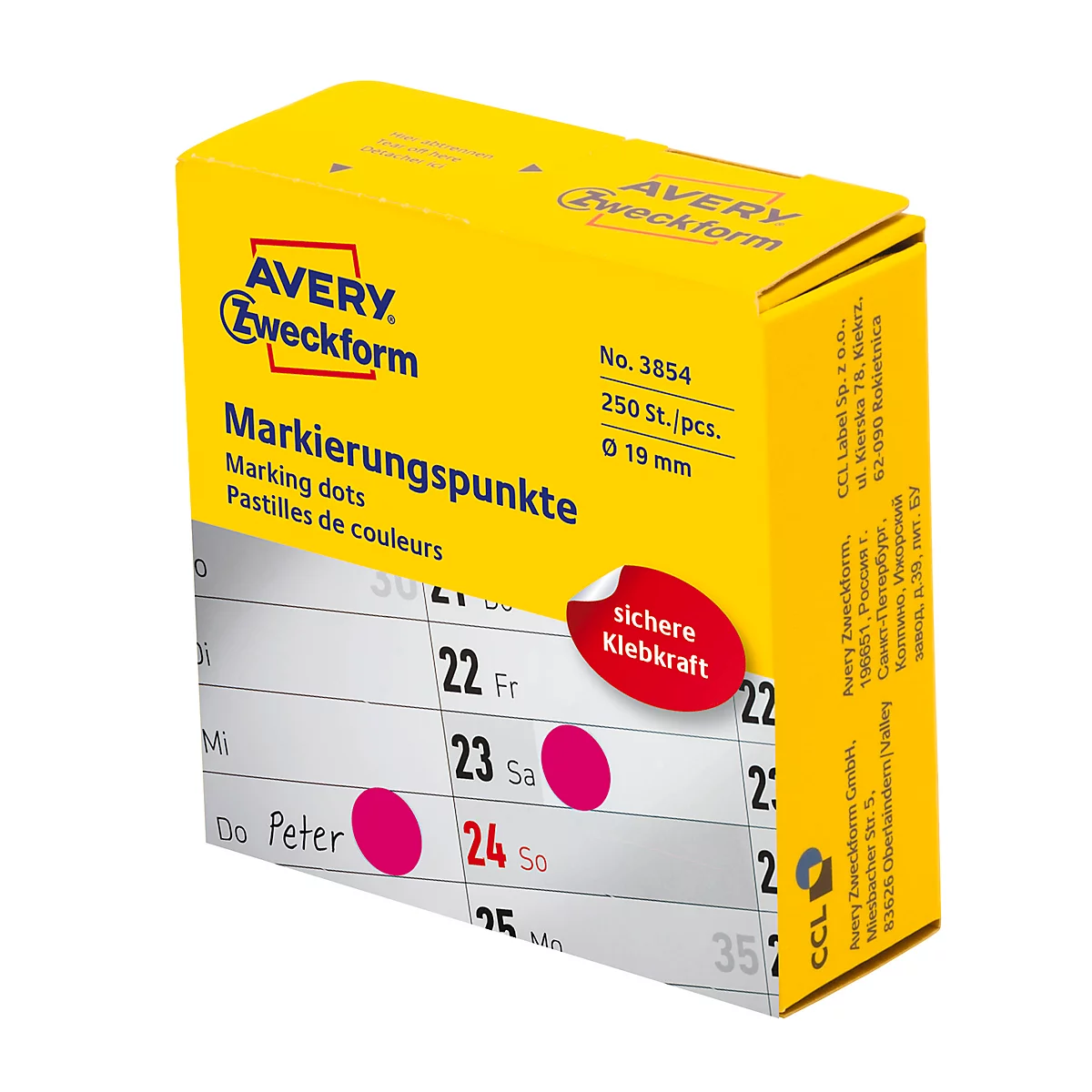 Boîte distributrice pour points de marquage Avery Zweckform, adhésif permanent, diamètre 19 mm, rouge