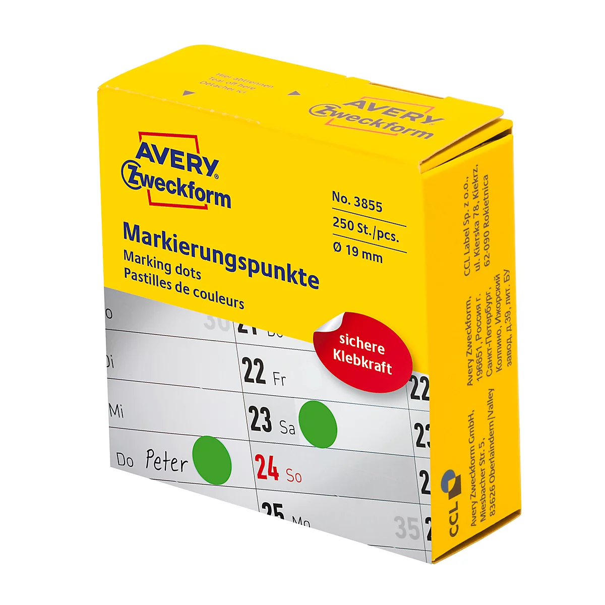 Boîte distributrice pour points de marquage Avery Zweckform, adhésif permanent, diamètre 19 mm, vert