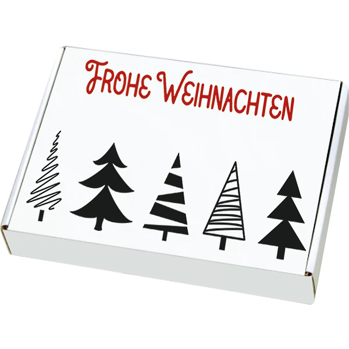 Boîte blanche avec l'inscription rouge "Joyeux Noël" et des sapins noirs.