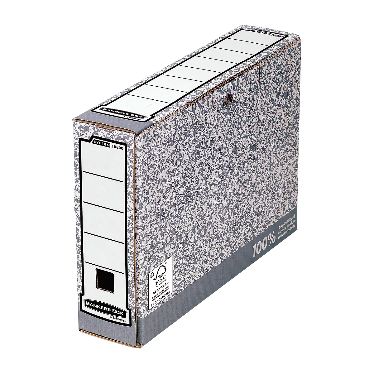Boîte de classement mouchetée grise et blanche. Texte 'Bankers Box'. Logo FSC.