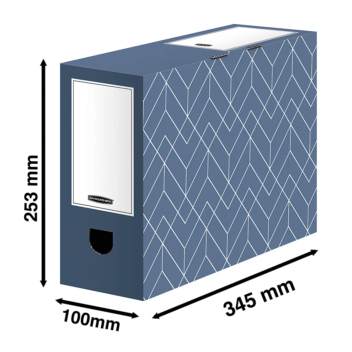 Classeur à motifs bleus et blancs; dimensions: 345mm x 100mm x 253mm; avec une étiquette et une ouverture.