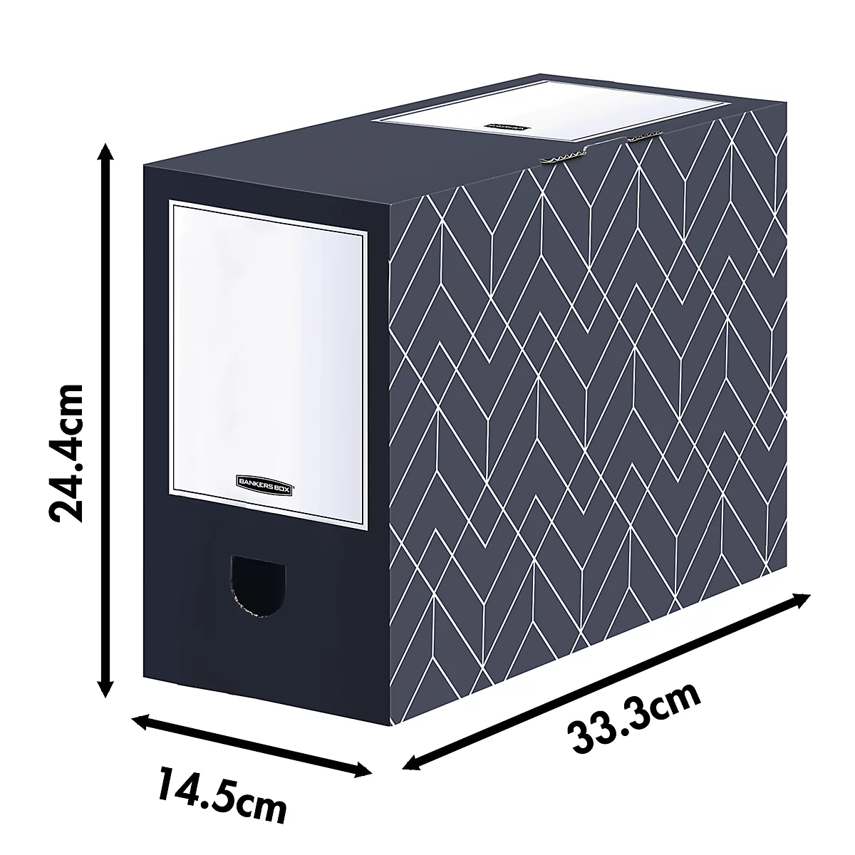 Classeur bleu foncé avec motifs géométriques blancs et dimensions, face avant avec étiquette et trou de poignée.