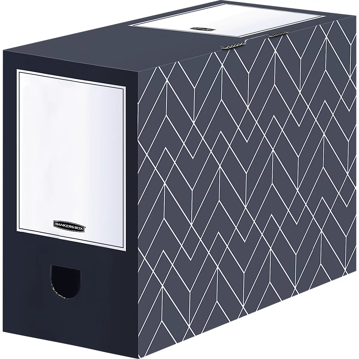 Classeur bleu foncé avec motif géométrique, étiquette blanche et trou circulaire.