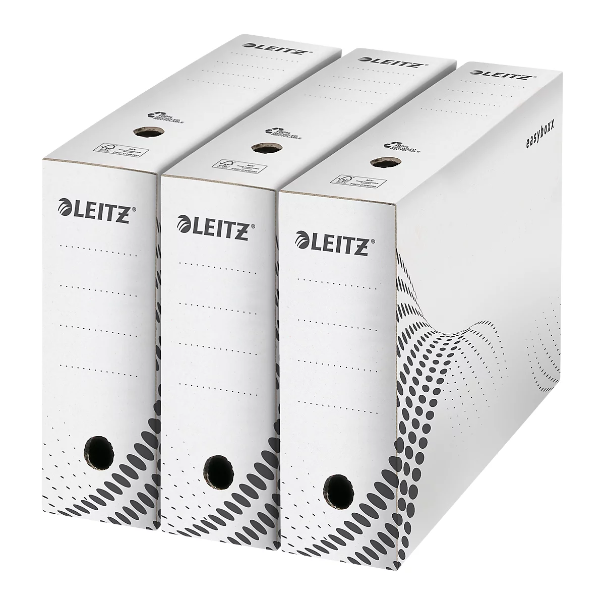 Trois chemises blanches de la marque LEITZ, légèrement inclinées.