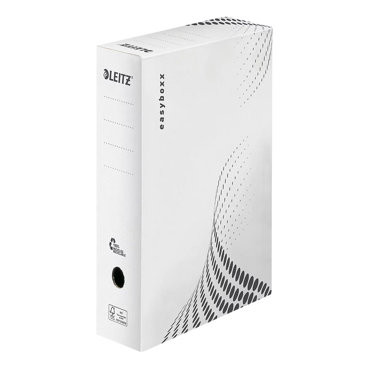 Boîte d'archives blanche Leitz Easyboxx avec des points noirs sur le devant et le logo Leitz.