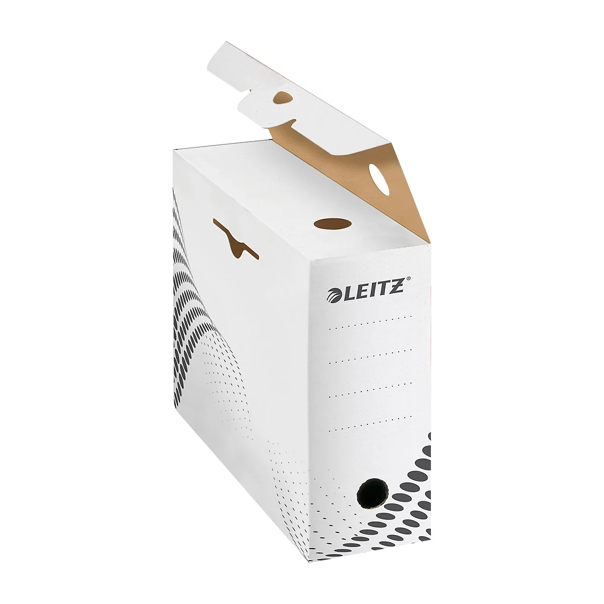 Boîte de classement Leitz blanche avec poignée marron et perforations, couvercle ouvert. Points noirs sur le côté gauche.