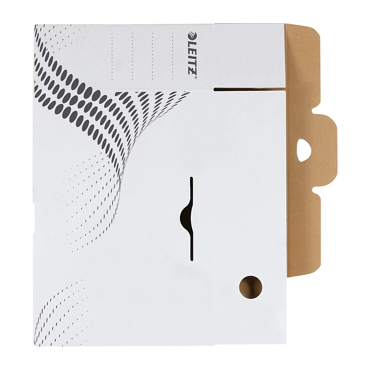Classeur Leitz blanc avec couverture marron, perforation, motif de points et marques.