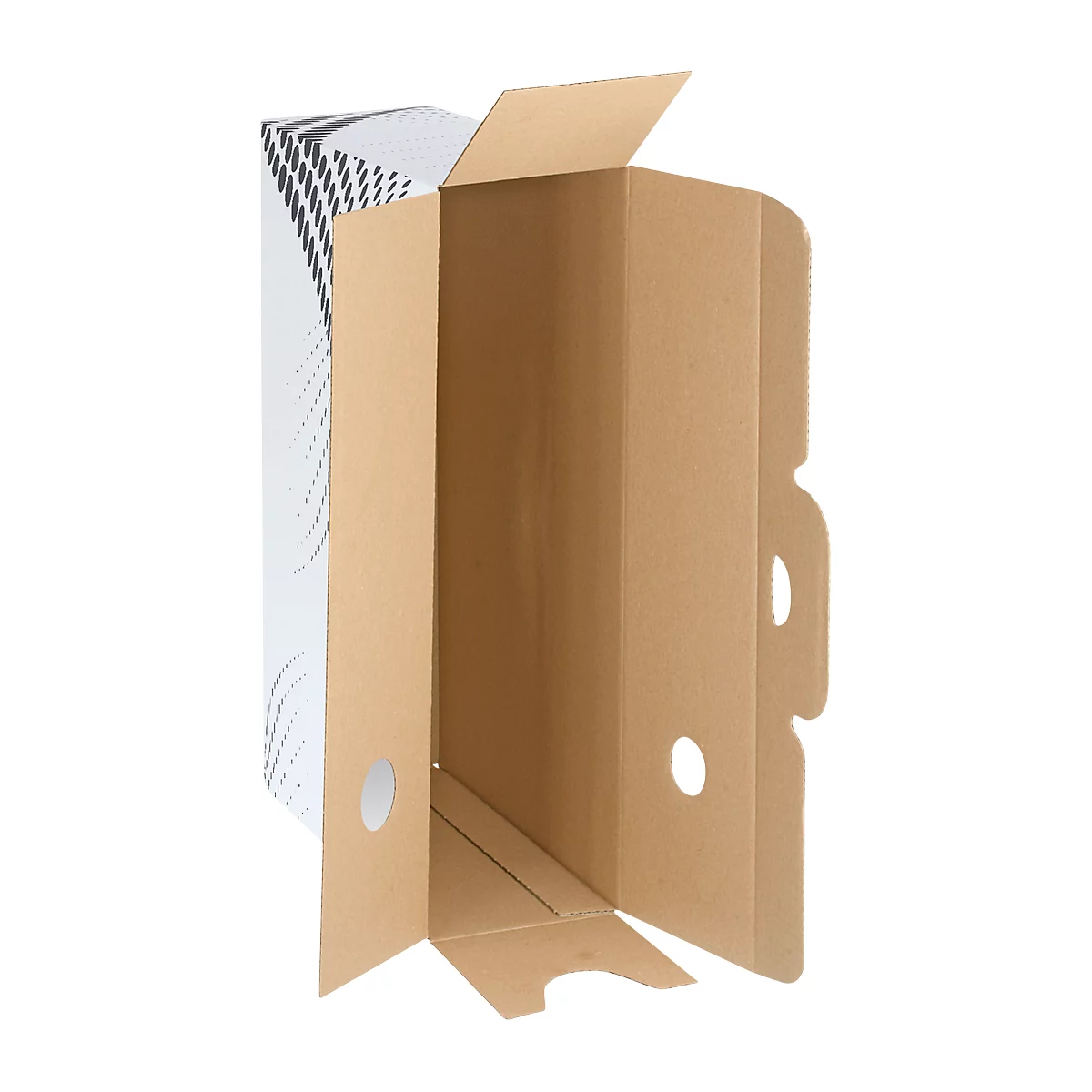 Boîte de classement marron ouverte avec motif blanc sur le côté. Deux poignées rondes et une languette repliée.