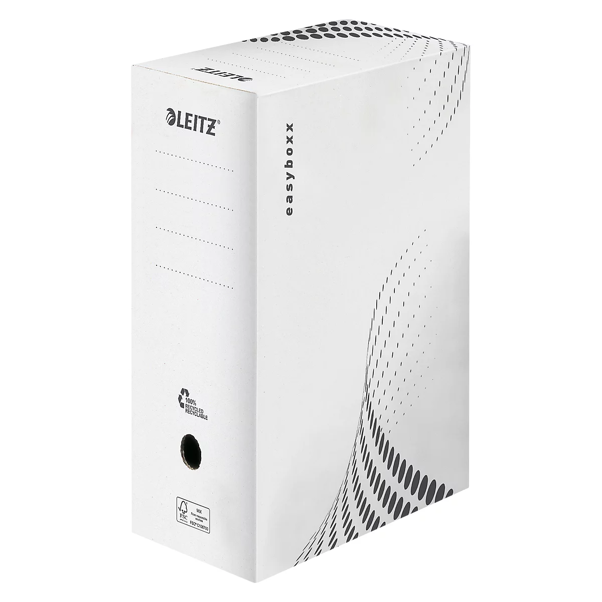 Boîte d'archives Leitz easyboxx blanche, avec étiquettes et un trou sur le côté, ainsi que le logo et des éléments de design.
