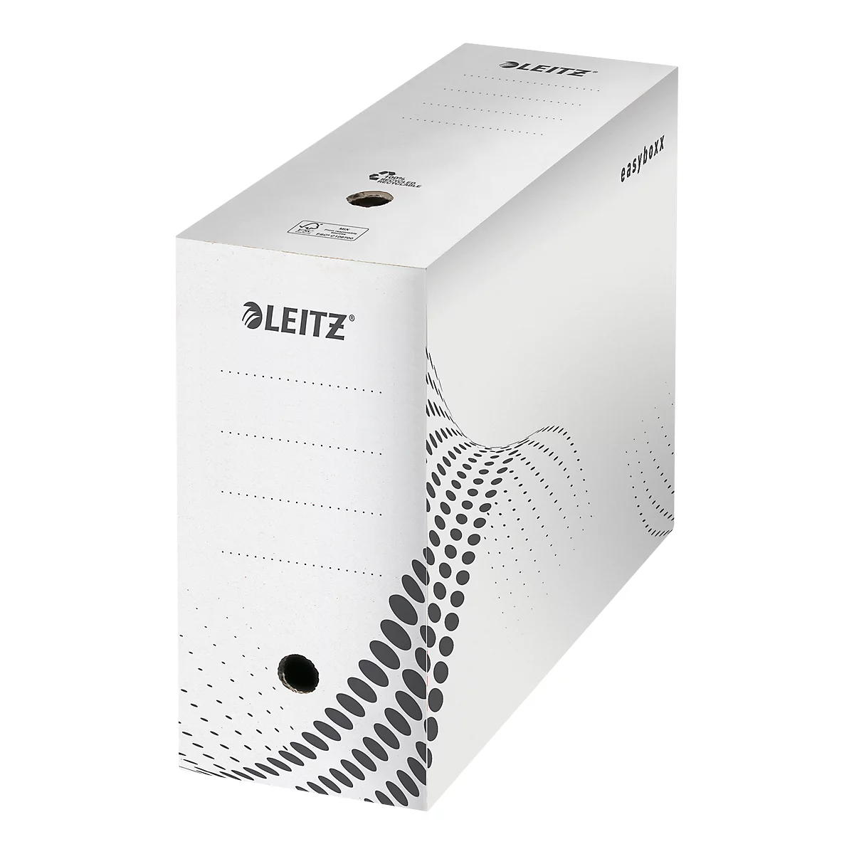 Classeur Leitz blanc avec motif de vagues noires. Trous pour saisir et marquer.