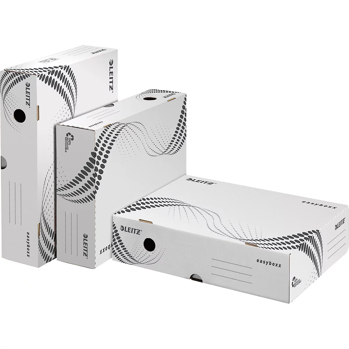 Boîtes de classement blanches, partiellement ouvertes. Inscriptions : Leitz, easybox, motif vagues.