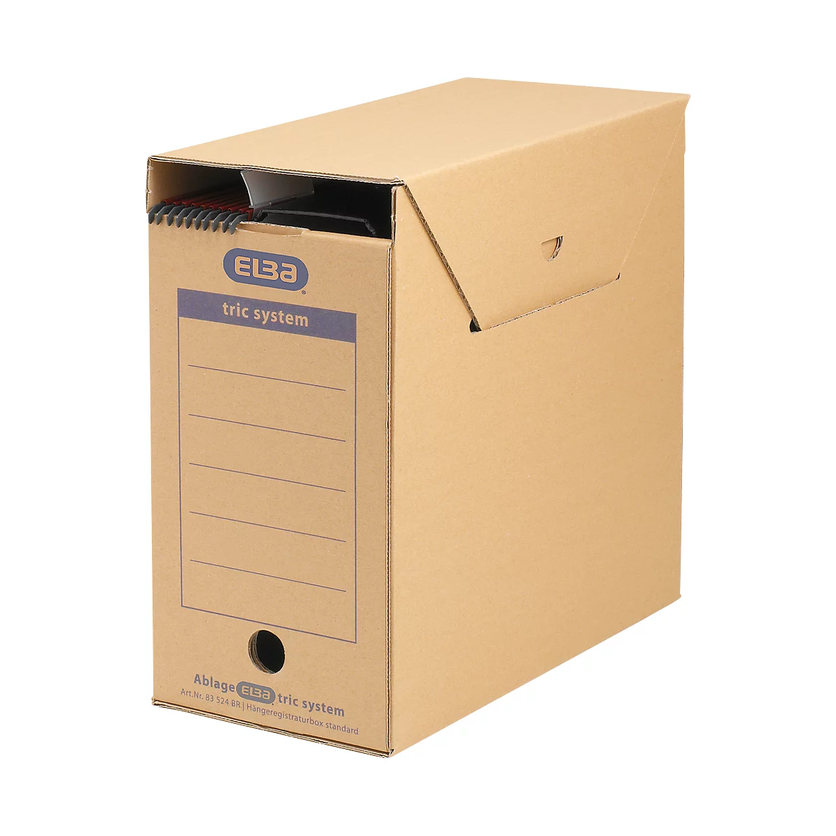Boîte de classement marron avec le logo ELBA bleu et l'inscription 'tric system'. La boîte comporte des champs d'étiquetage et un trou rond.
