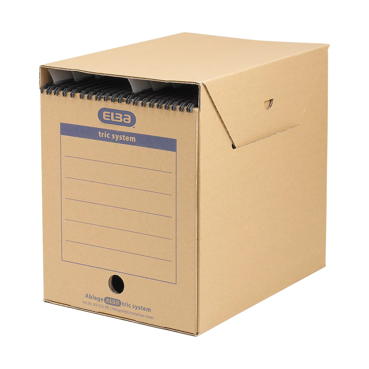 Boîte d'archives beige avec autocollant bleu et trou noir. "ELBA" et "tric system" sont étiquetés.