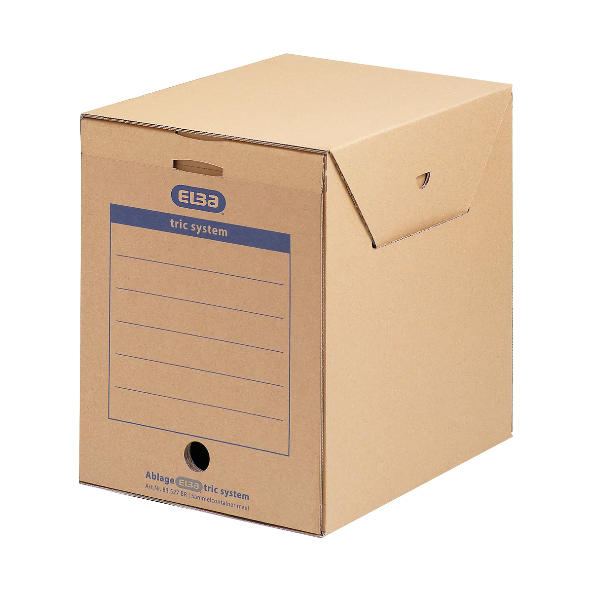 Boîte d'archives carrée, marron, avec trou pour poignée et champ d'étiquetage. Inscription : ELBA tric system.