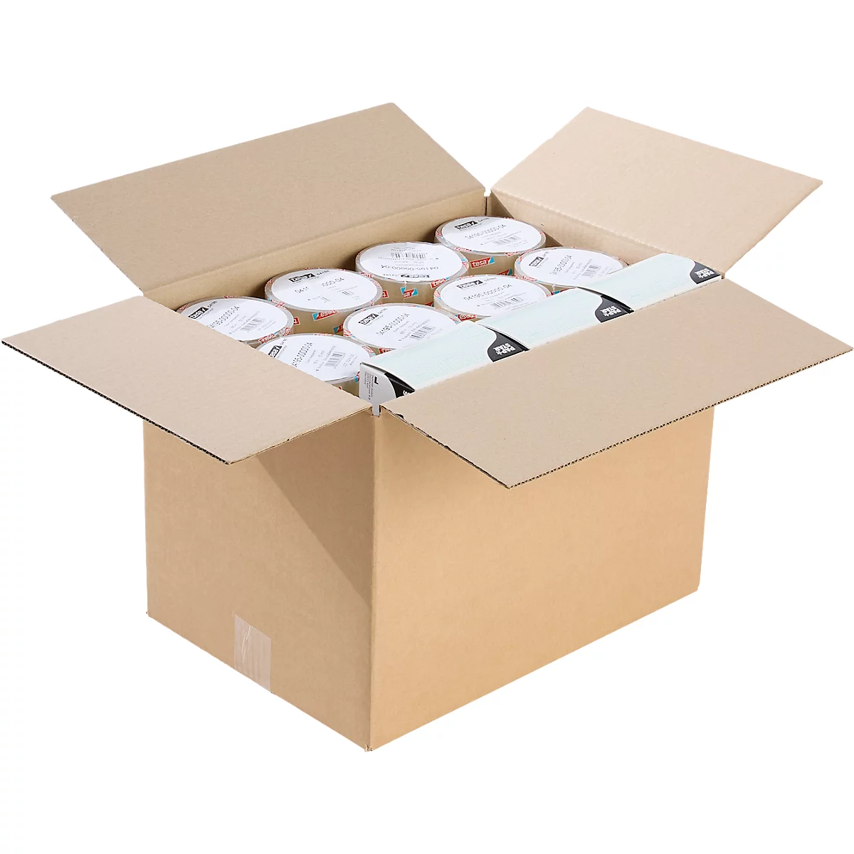 Une boîte en carton ouverte remplie de rouleaux de ruban adhésif. Le nom du produit est écrit sur le ruban.