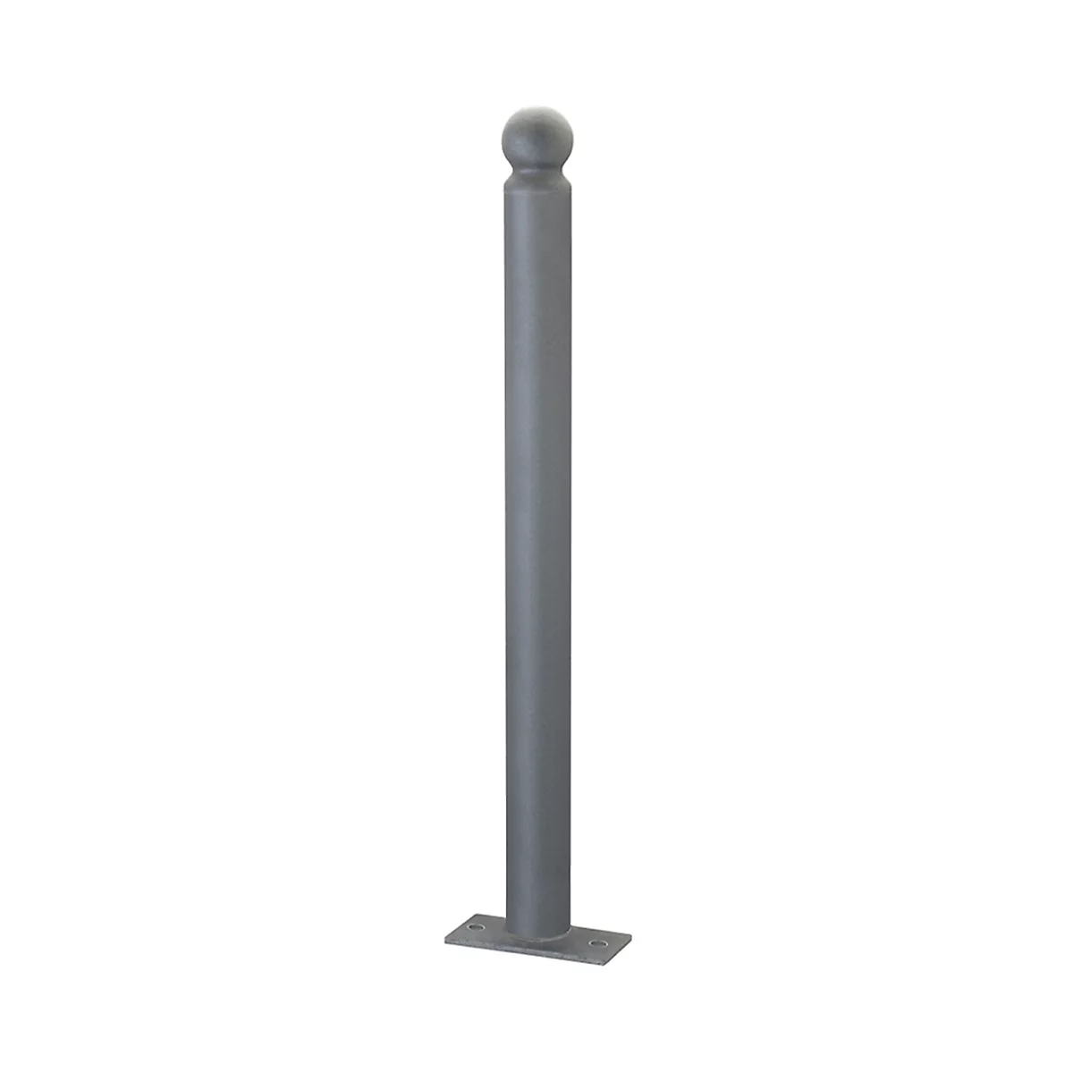 Bolardo gris con cabeza redonda, centro cilíndrico y placa base rectangular.