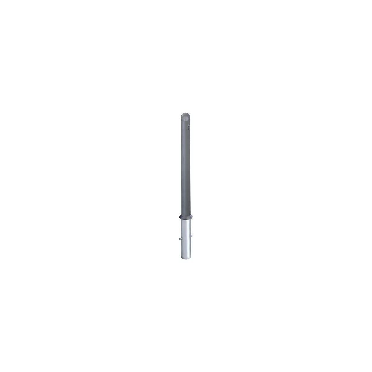 Columna gris con parte superior redondeada, de pie sobre una base plateada en la parte inferior.