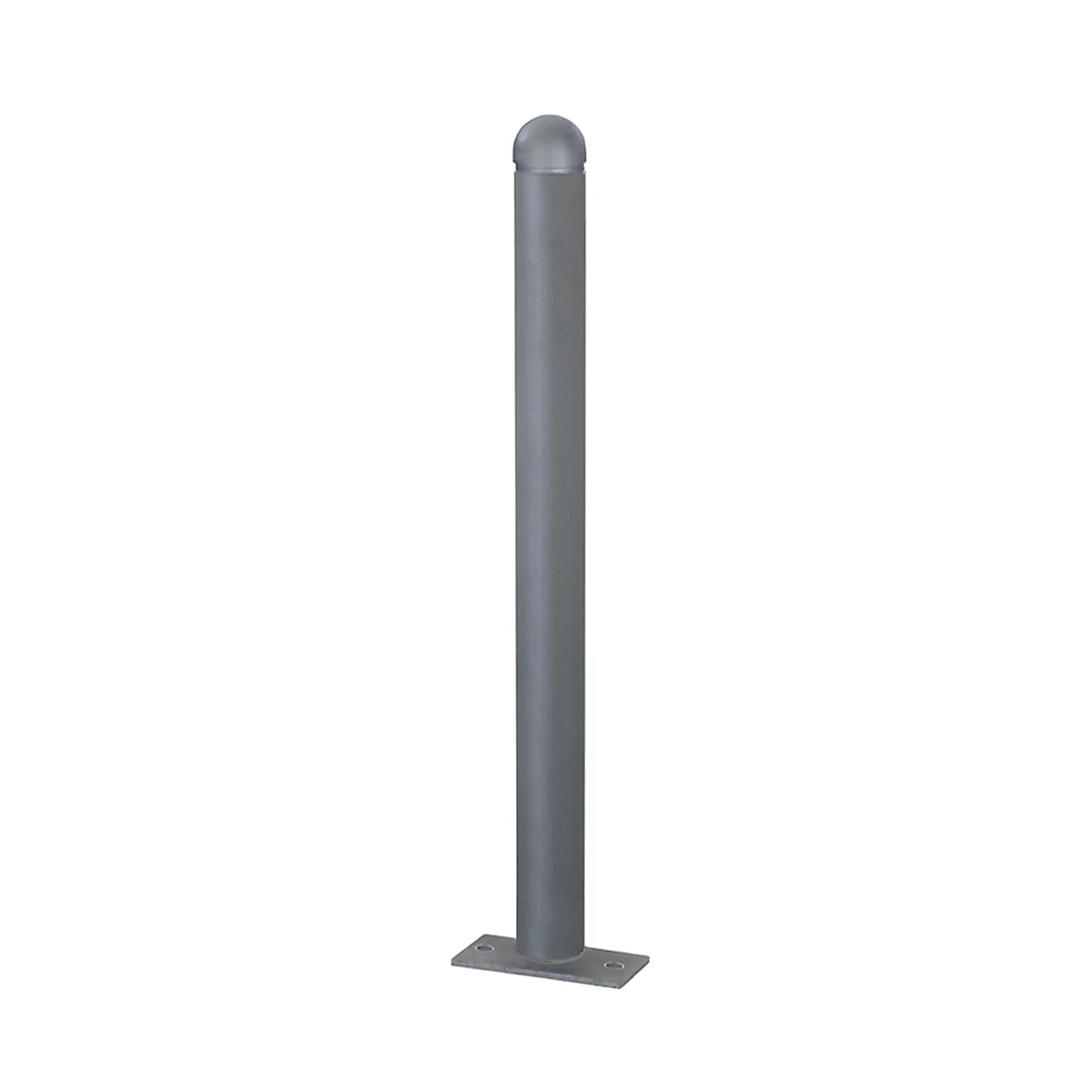 Bolardo gris con parte superior redondeada y base rectangular. El bolardo es de metal.