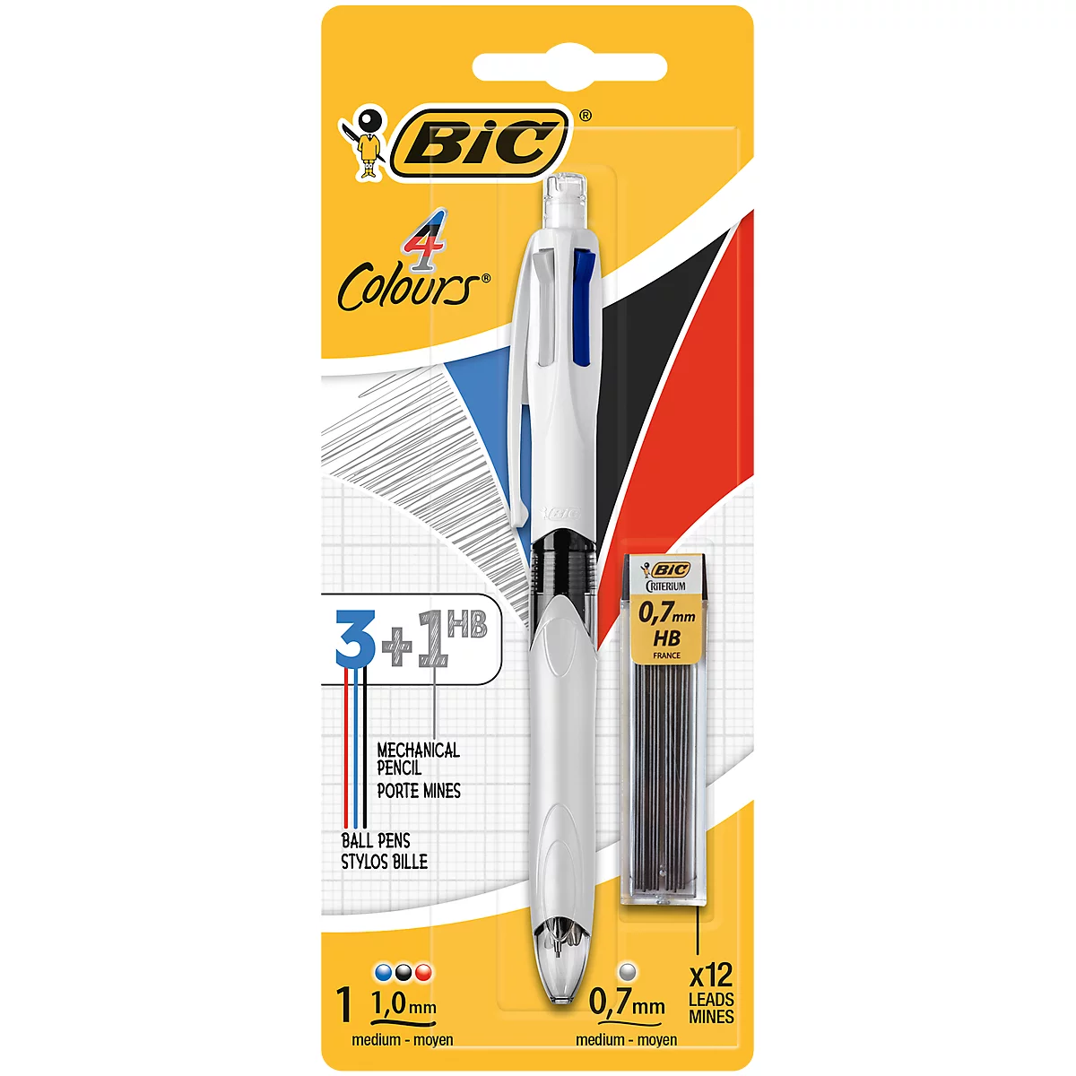 Bolígrafo cuatricolor BIC® 4 Colours® 3+1 HB, resistente al agua, incluye recambios, gris/blanco