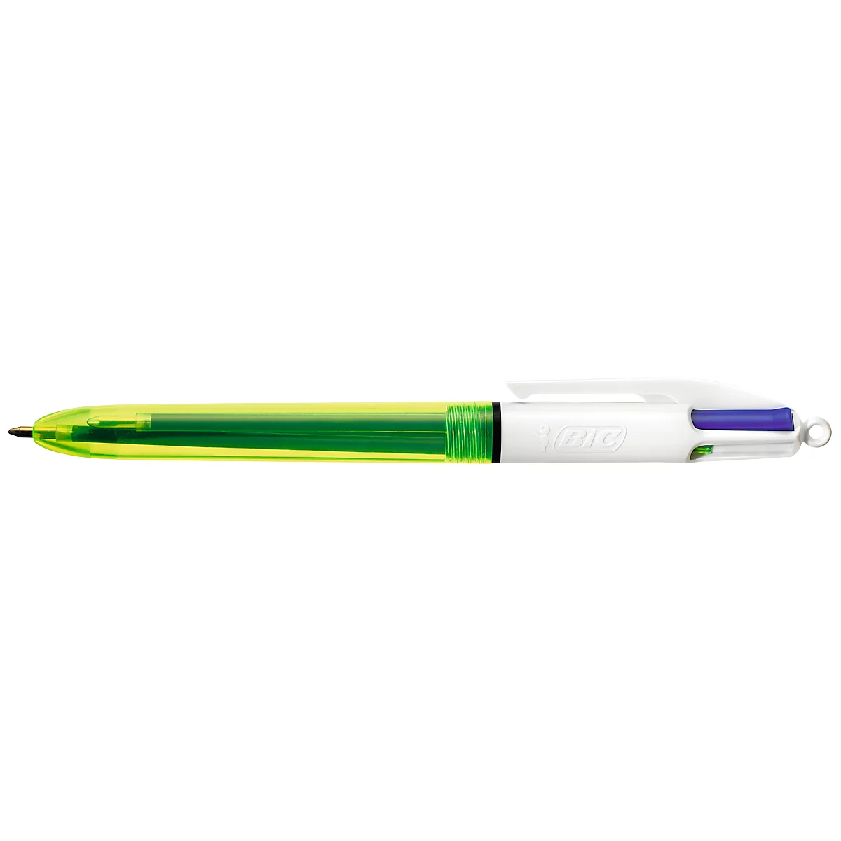 Un bolígrafo multicolor BIC verde con parte superior blanca sobre fondo blanco.