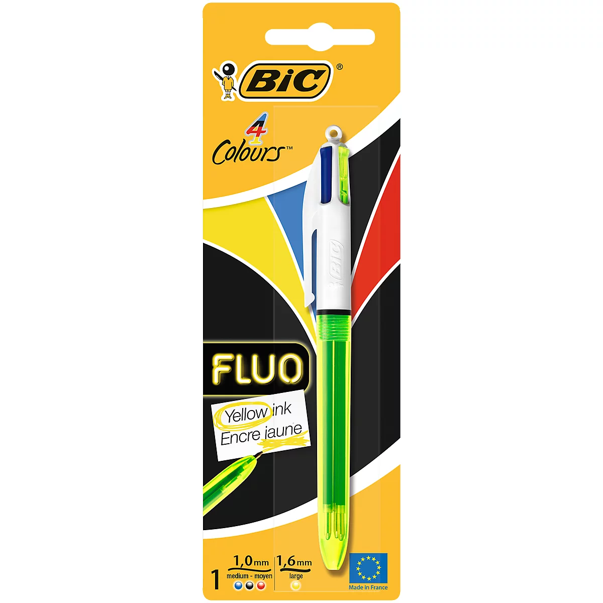 Bolígrafo de cuatro colores BIC® 4 Colours® Fluo, resistente al agua, 0,4 mm, incluido el amarillo neón para resaltar