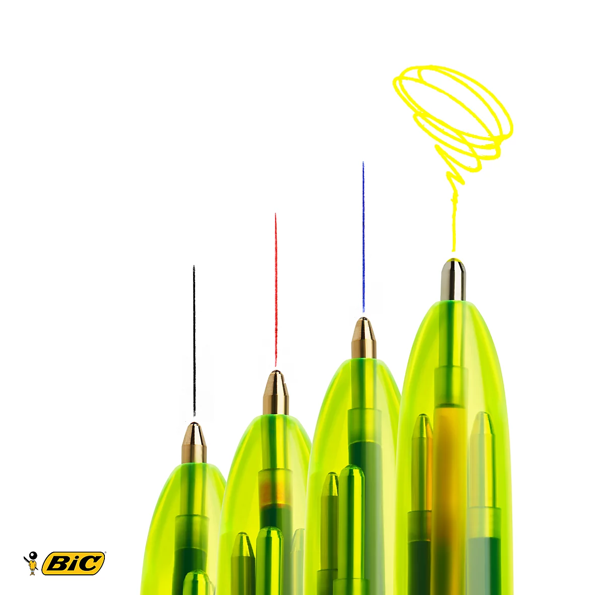 Bolígrafo de cuatro colores BIC® 4 Colours® Fluo, resistente al agua, 0,4 mm, incluido el amarillo neón para resaltar