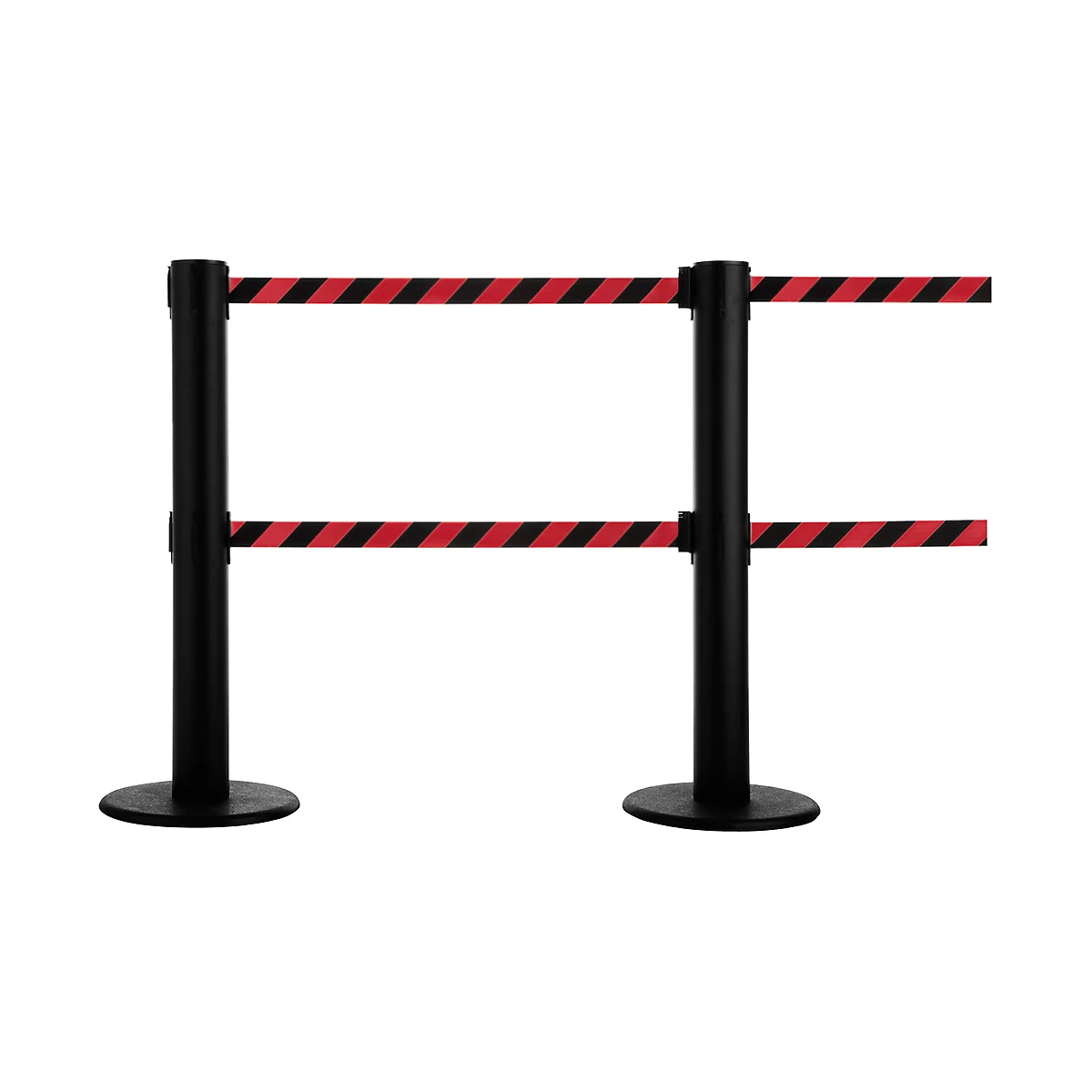 Two black stanchions with red and black striped belts.