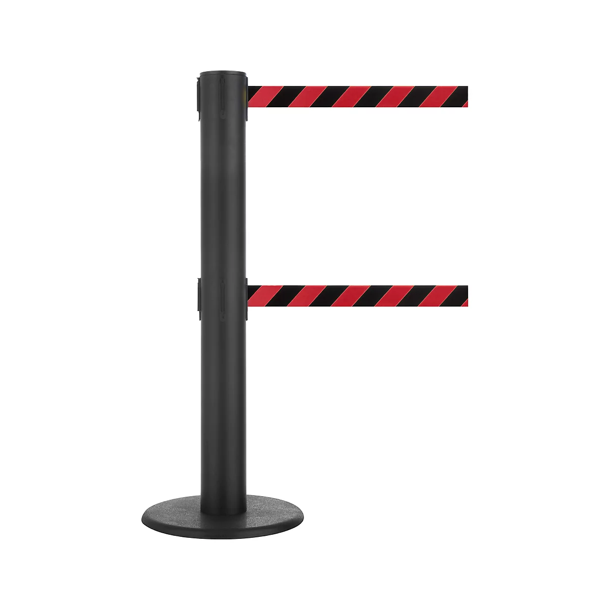 Black barrier post with red and black striped belt. The post has a round base.