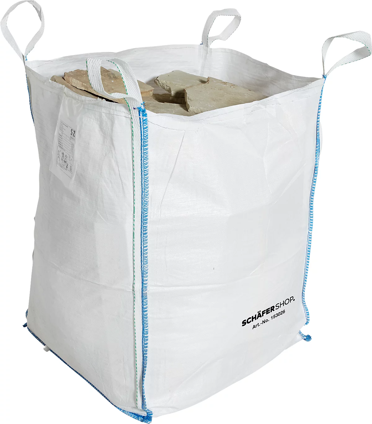 Bolsa para contenedores Schäfer Shop Genius Big Bag, abierta, hasta 1,5 t, 4 lazos de elevación, 1 pieza, ancho 900 x fondo 900 x alto 1200 mm, blanco