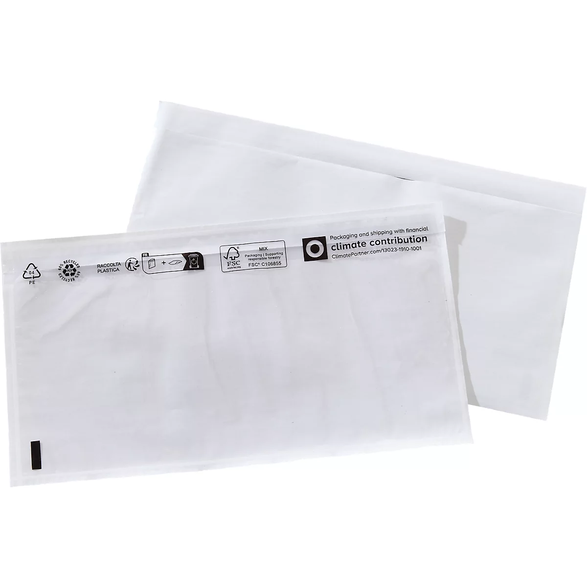 Dos sobres de envío de papel blanco con símbolos ambientales y de reciclaje impresos.