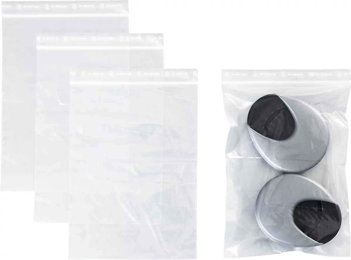 Bolsas de cierre a presión S&Z, polipropileno, 160 × 220 mm, 50 µm, 50% contenido regenerado, sin impresión, transparentes, 1000 unid.