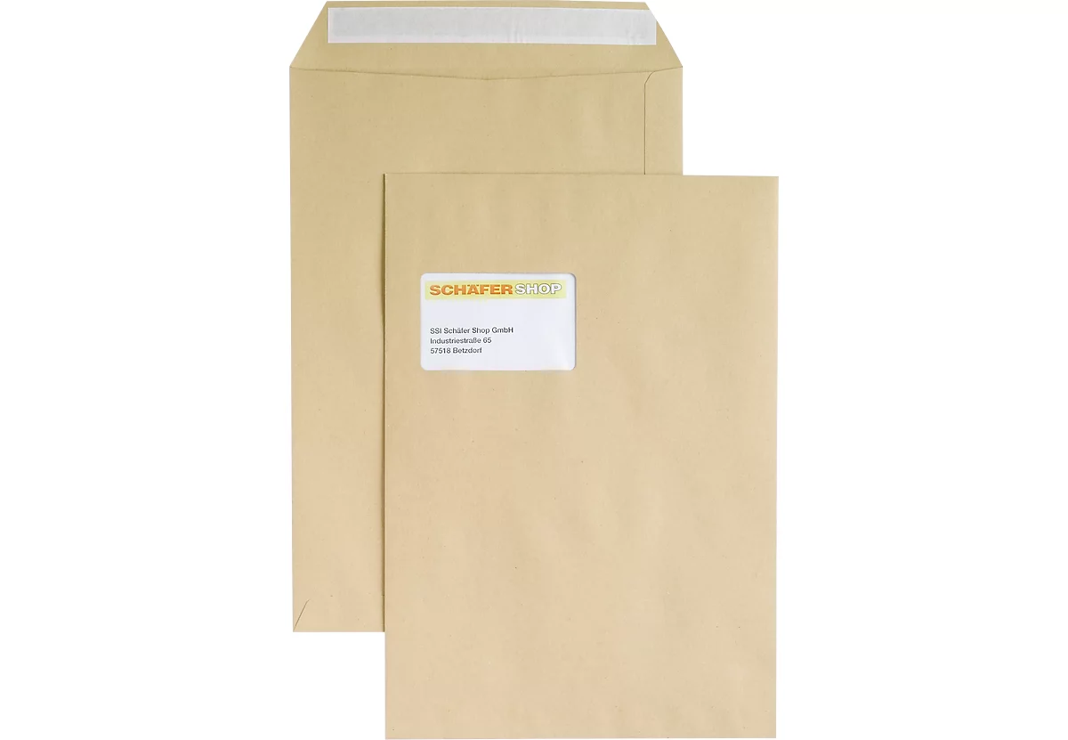 Bolsas de correo, con ventana, adhesivas, 100 g/m², DIN C4, 250 unidades, marrón natrón